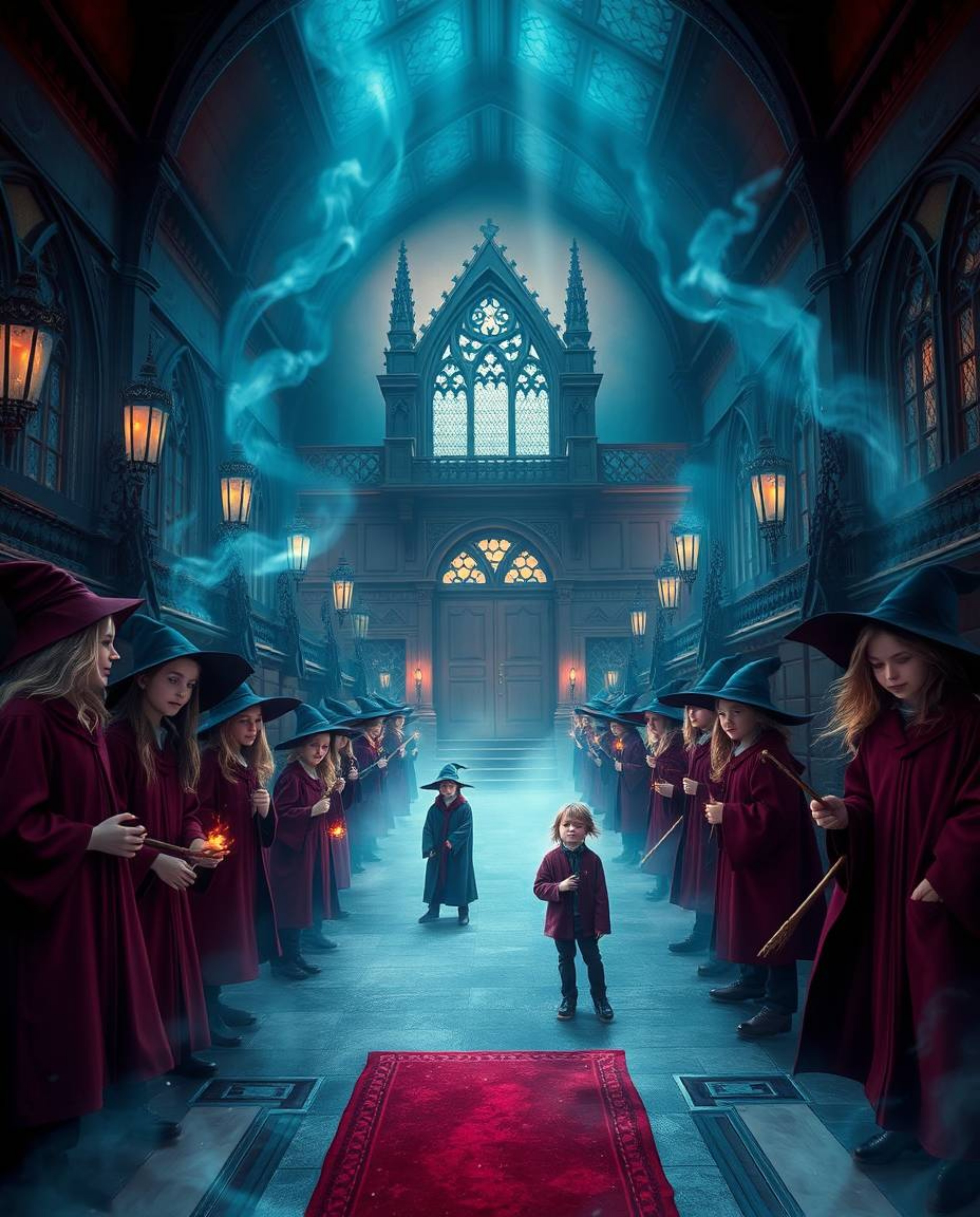Step into a magical school brimming with young wizards, a visual feast rendered in rich burgundy and deep blue hues. This sop