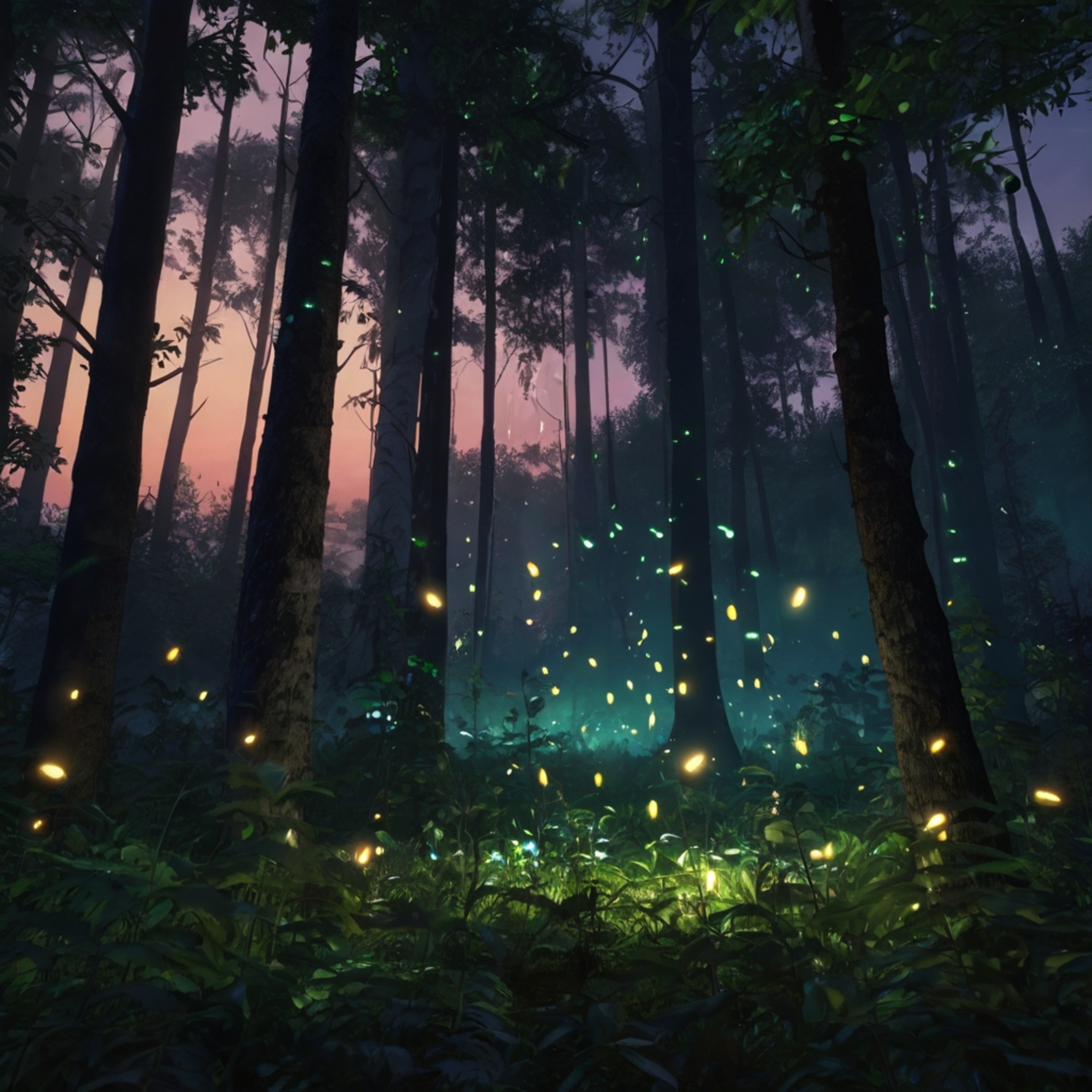 A captivating digital painting depicting a serene forest scene at dusk. The artwork features glowing fireflies illuminating t