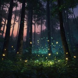 A captivating digital painting depicting a serene forest scene at dusk. The artwork features glowing fireflies illuminating t
