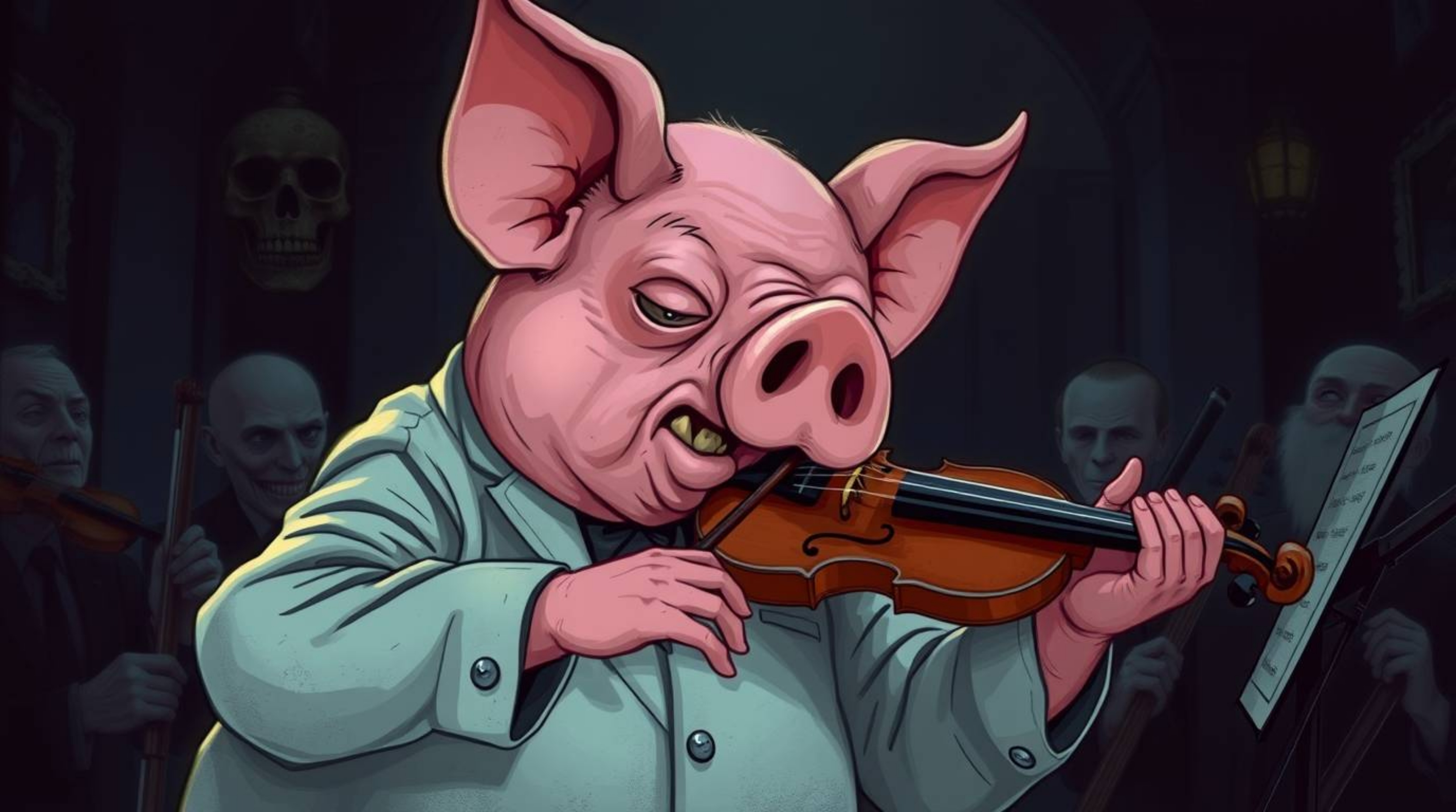 This artwork features an eerie and creepy illustration of a pig character attempting to conduct an orchestra.  With dark tone