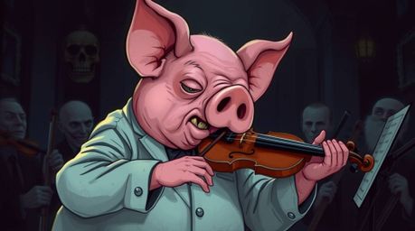 This artwork features an eerie and creepy illustration of a pig character attempting to conduct an orchestra.  With dark tone
