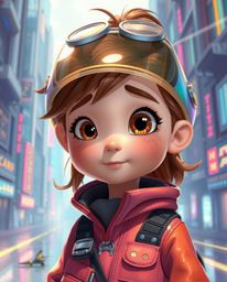 Discover an adorable young inventor girl in a futuristic city, rendered in a charming Pixar style.  Her inventions shimmer wi