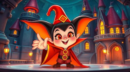 An adorable and cute classic Disney villain casts a spell within a futuristic sci-fi castle. Warm, inviting colors like reds