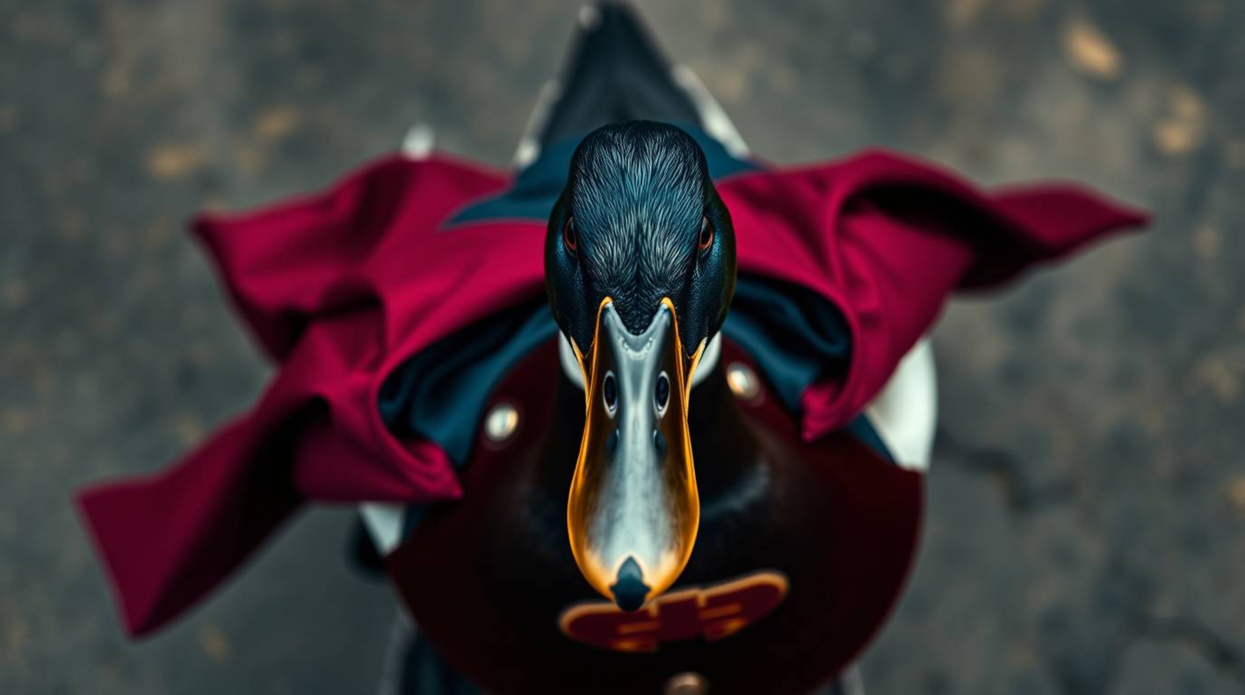 A captivating overhead bird's-eye view showcases a duck clad in a zany superhero costume, rendered in rich burgundy and deep 