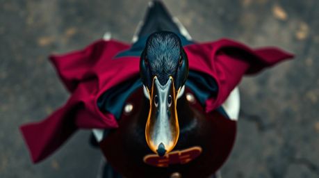 A captivating overhead bird's-eye view showcases a duck clad in a zany superhero costume, rendered in rich burgundy and deep 