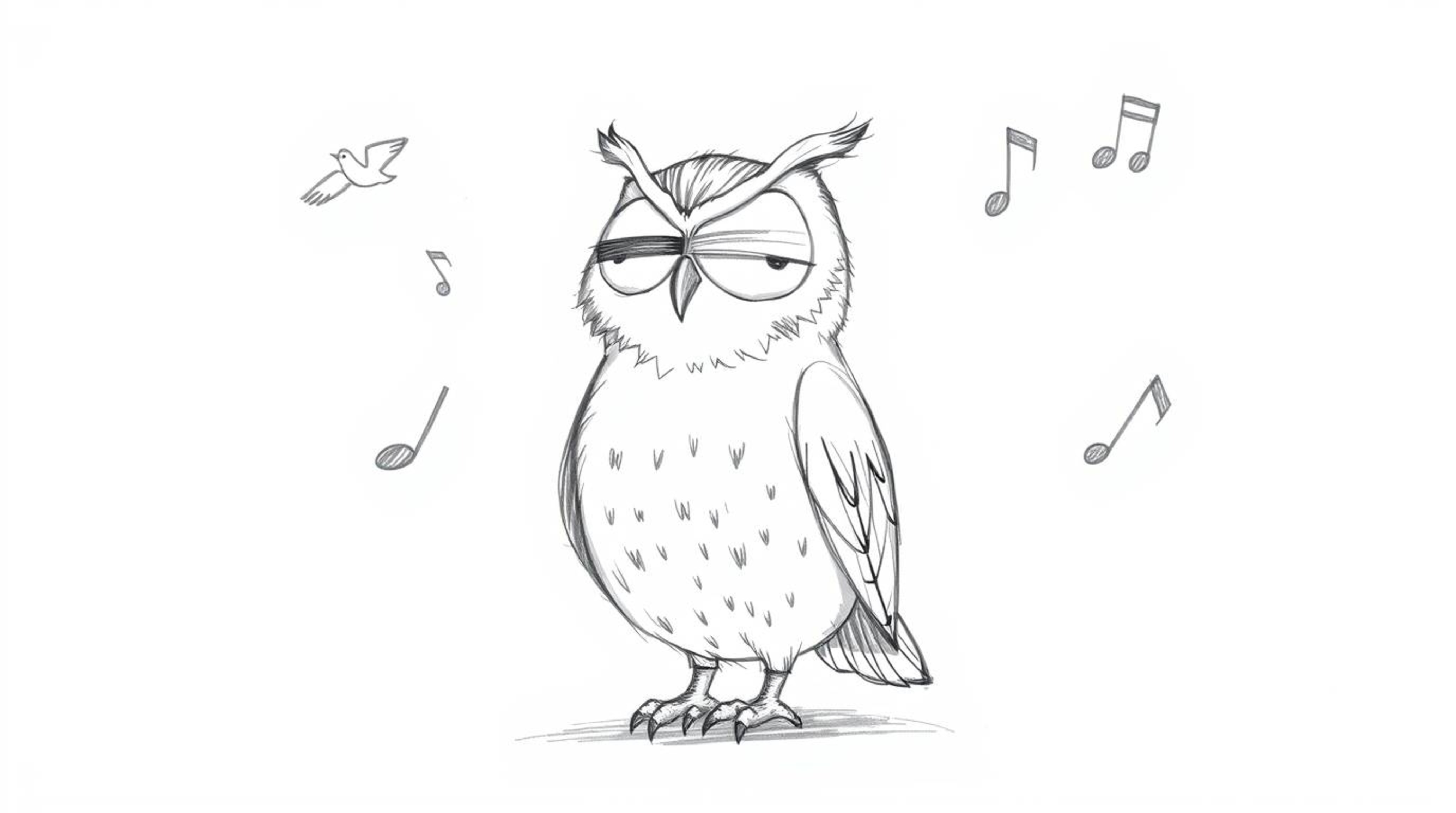 A heartwarming hand-drawn sketch depicts a wise, blind owl with gentle features guiding birds to fly. Rendered in a Pixar-ins