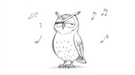 A heartwarming hand-drawn sketch depicts a wise, blind owl with gentle features guiding birds to fly. Rendered in a Pixar-ins