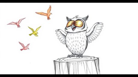 A joyful, blind owl rendered in Pixar style sits on a tree stump, wings slightly raised, encouraging a flock of colorful bird
