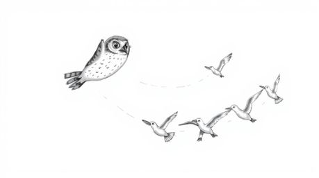 A heartwarming, Pixar-inspired sketch depicts a blind owl in mid-flight, gently guiding a flock of birds as they learn to fly