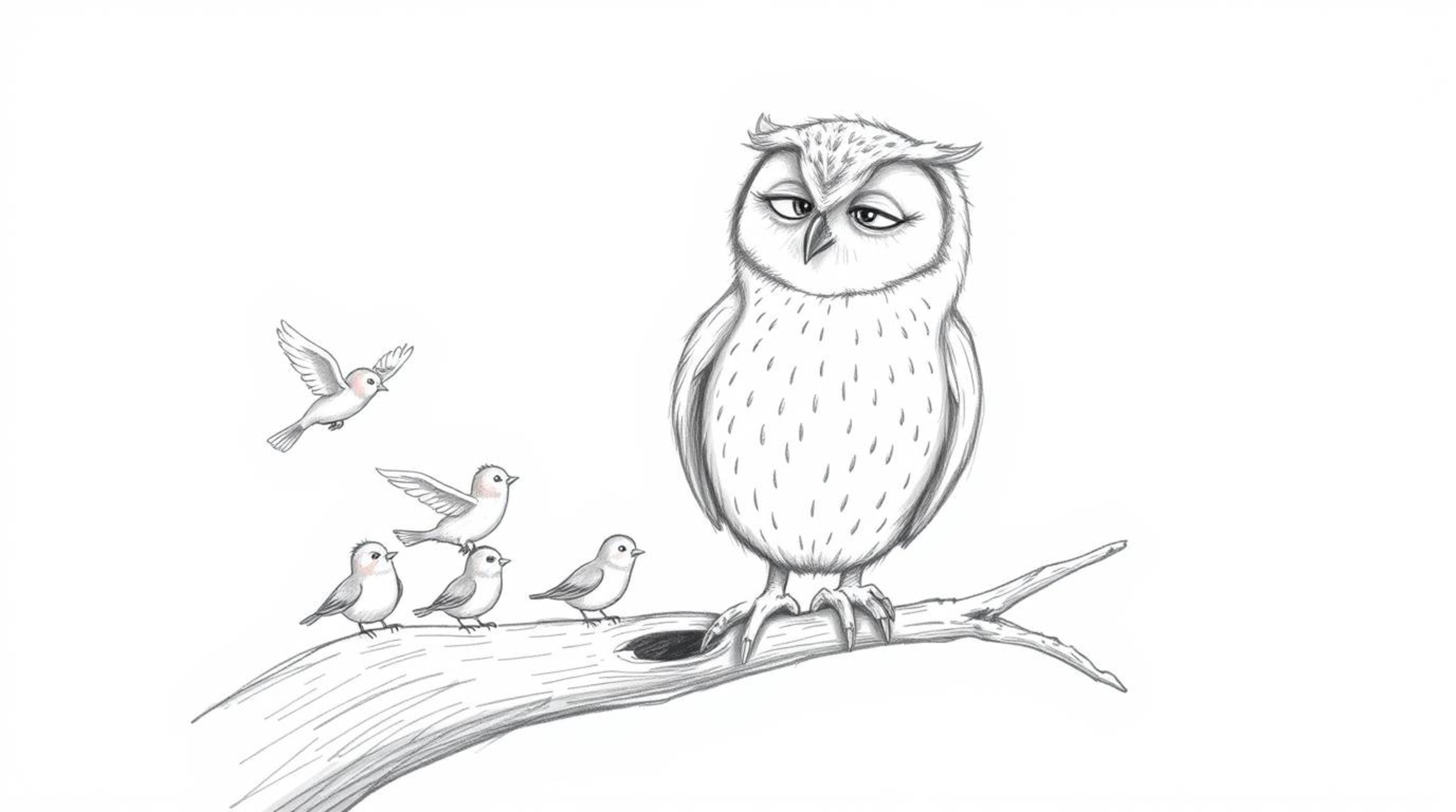 This charming hand-drawn sketch in the style of Pixar depicts a blind owl with soft, downy feathers patiently teaching a floc
