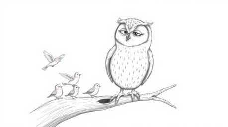 This charming hand-drawn sketch in the style of Pixar depicts a blind owl with soft, downy feathers patiently teaching a floc