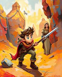A captivating acrylic painting depicts a brave hero embarking on a Disney-style desert adventure.  The artwork features vibra