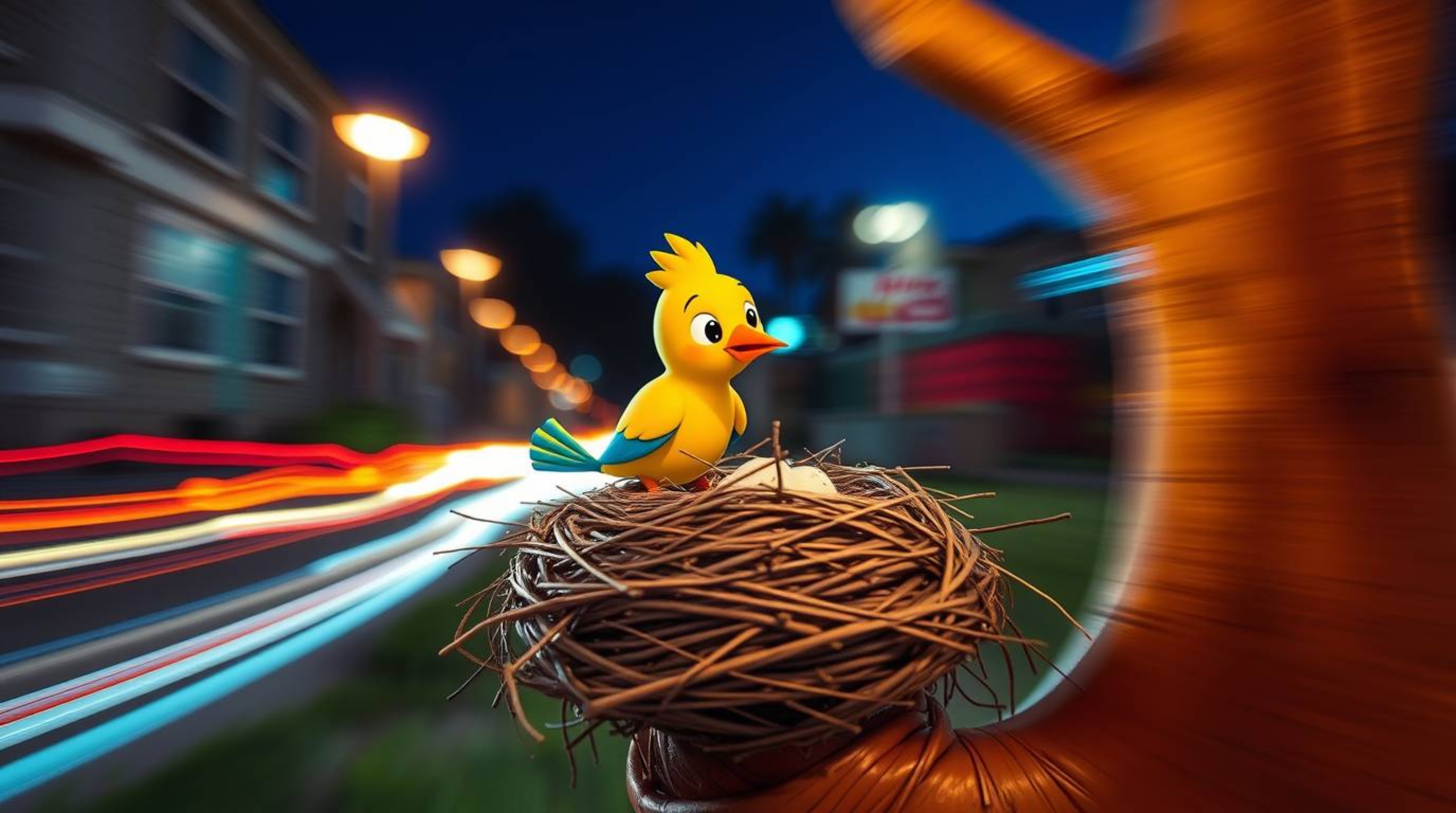 Witness the magic of long exposure photography in this captivating image. Two charming cartoon birds, rendered in a classic a