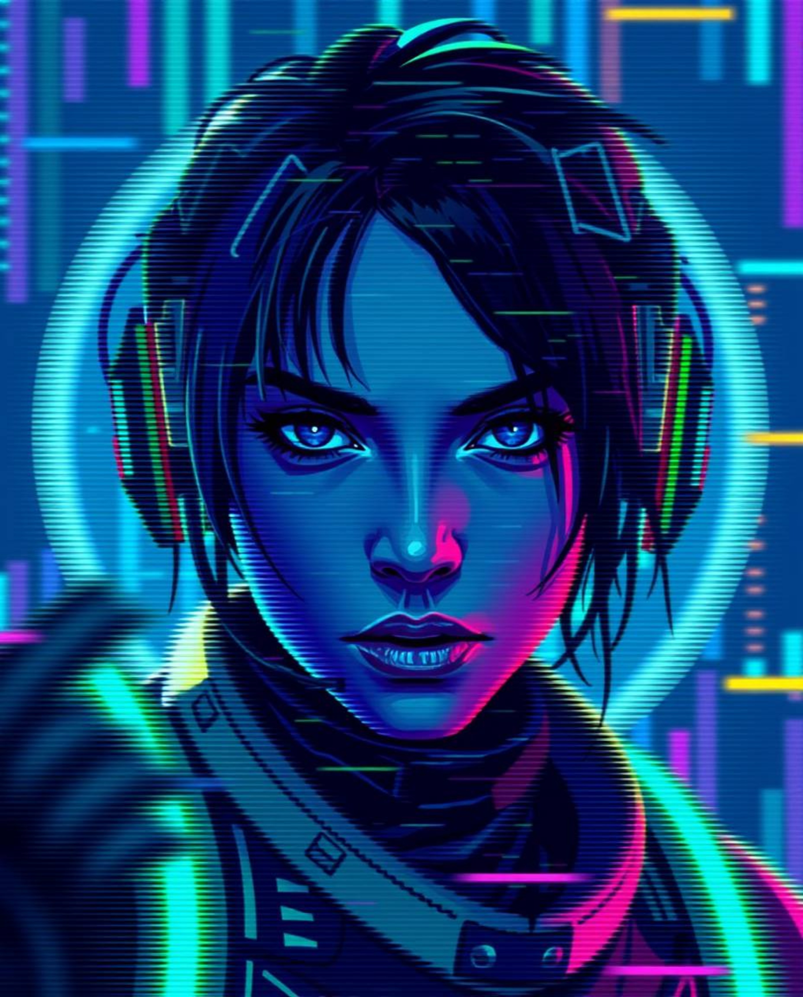 A captivating futuristic sci-fi portrait rendered in a pixelated digital glitch art style.  Featuring cool blues, greens, and