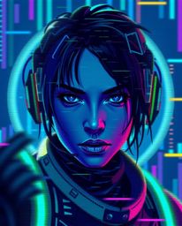 A captivating futuristic sci-fi portrait rendered in a pixelated digital glitch art style.  Featuring cool blues, greens, and