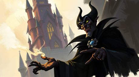 A captivating digital painting depicts a classic Disney villain with exaggerated features, casting a spell within a misty, at