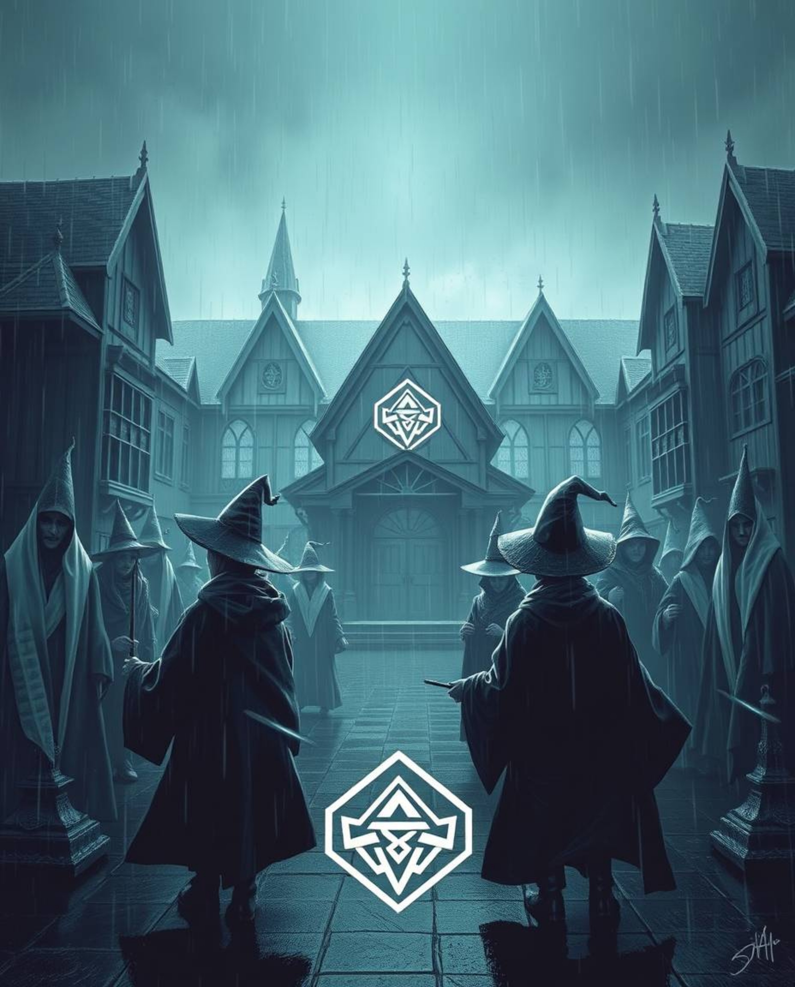 Explore a magical school teeming with young wizards, depicted in a chilling rainy scene. The environment features reflective 