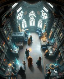 Explore a mesmerizing high-angle view of a futuristic magical school teeming with young wizards. Blending elements of advance