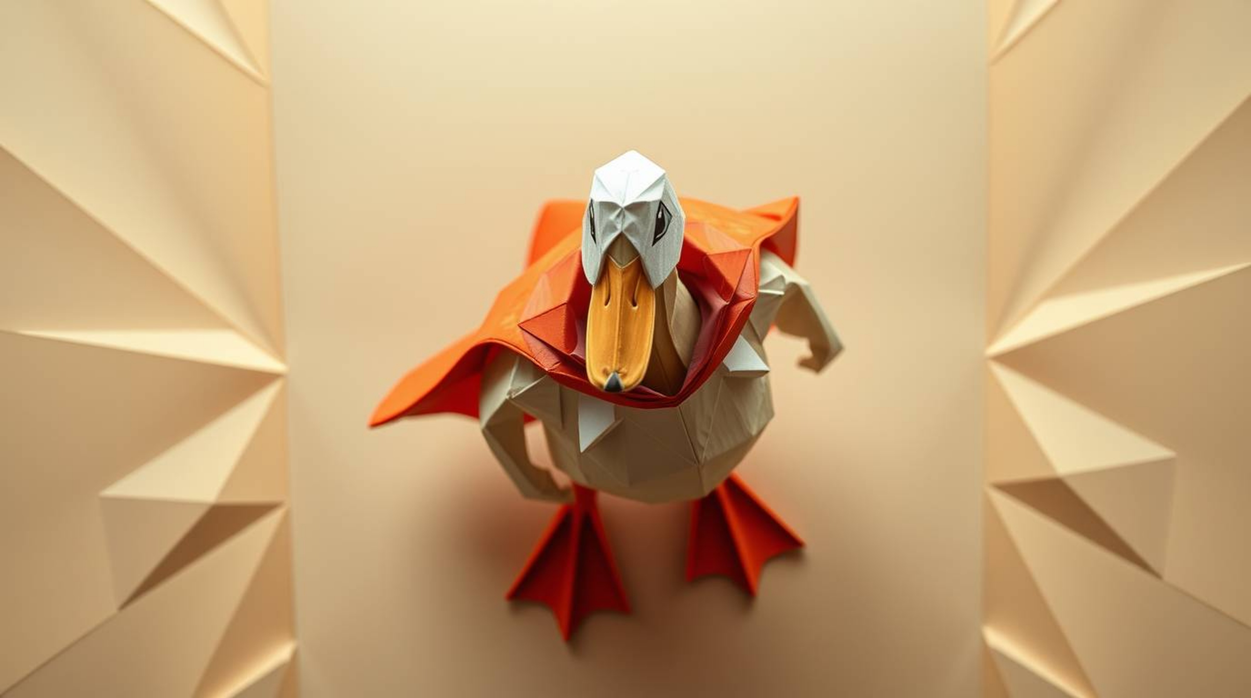 A whimsical and intricately folded origami duck strikes a heroic pose in a zany superhero costume. Captured from a high angle