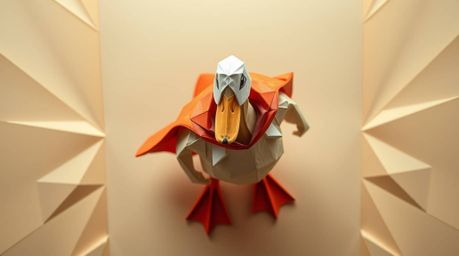 A whimsical and intricately folded origami duck strikes a heroic pose in a zany superhero costume. Captured from a high angle