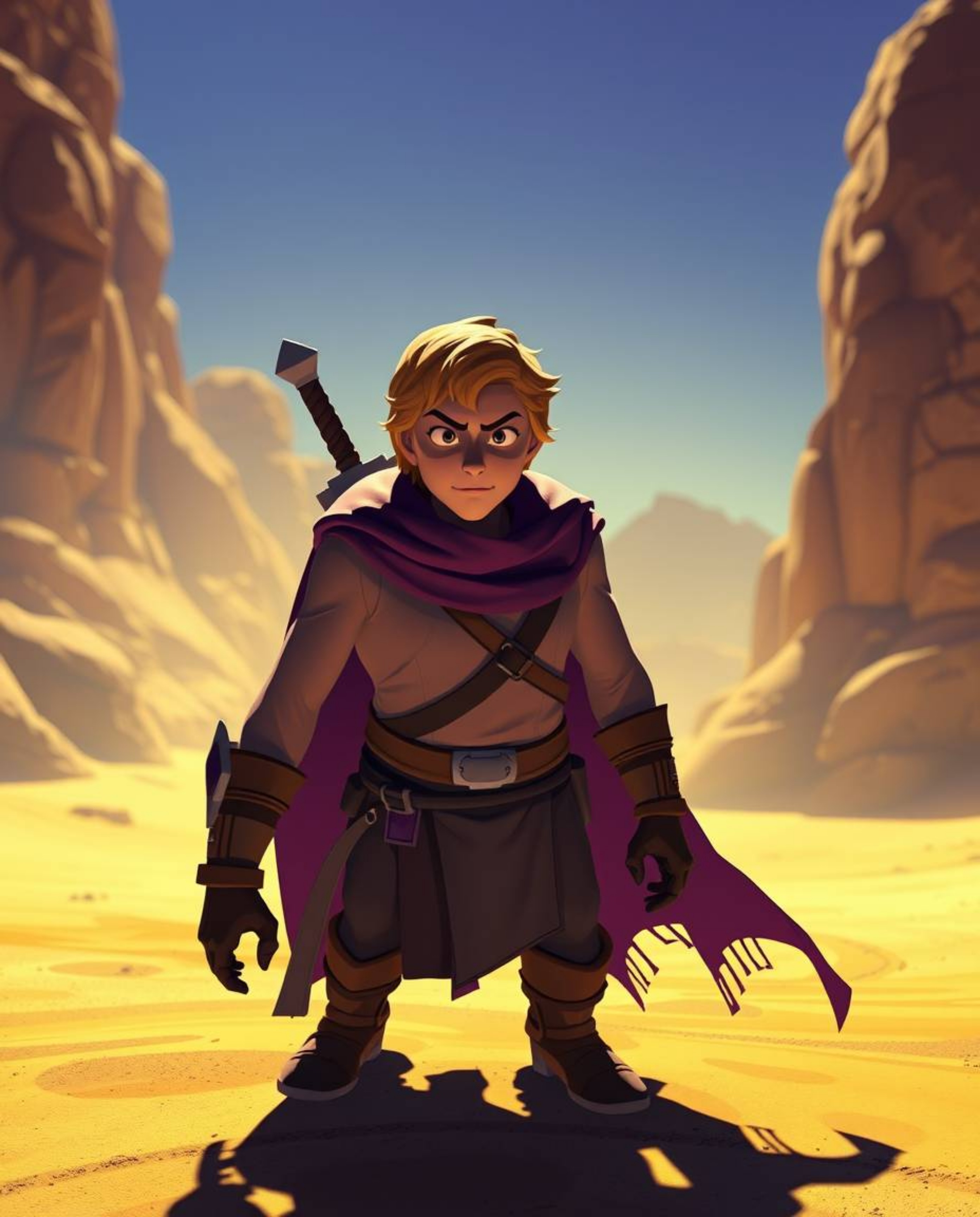 Embark on a vibrant Disney-style desert adventure featuring a courageous hero. This captivating scene is rendered in deep ul