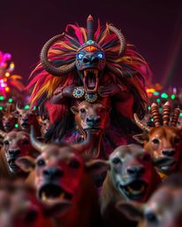 A surreal carnival scene where the vibrant energy of the celebration is intertwined with the untamed beauty of wild animals. 