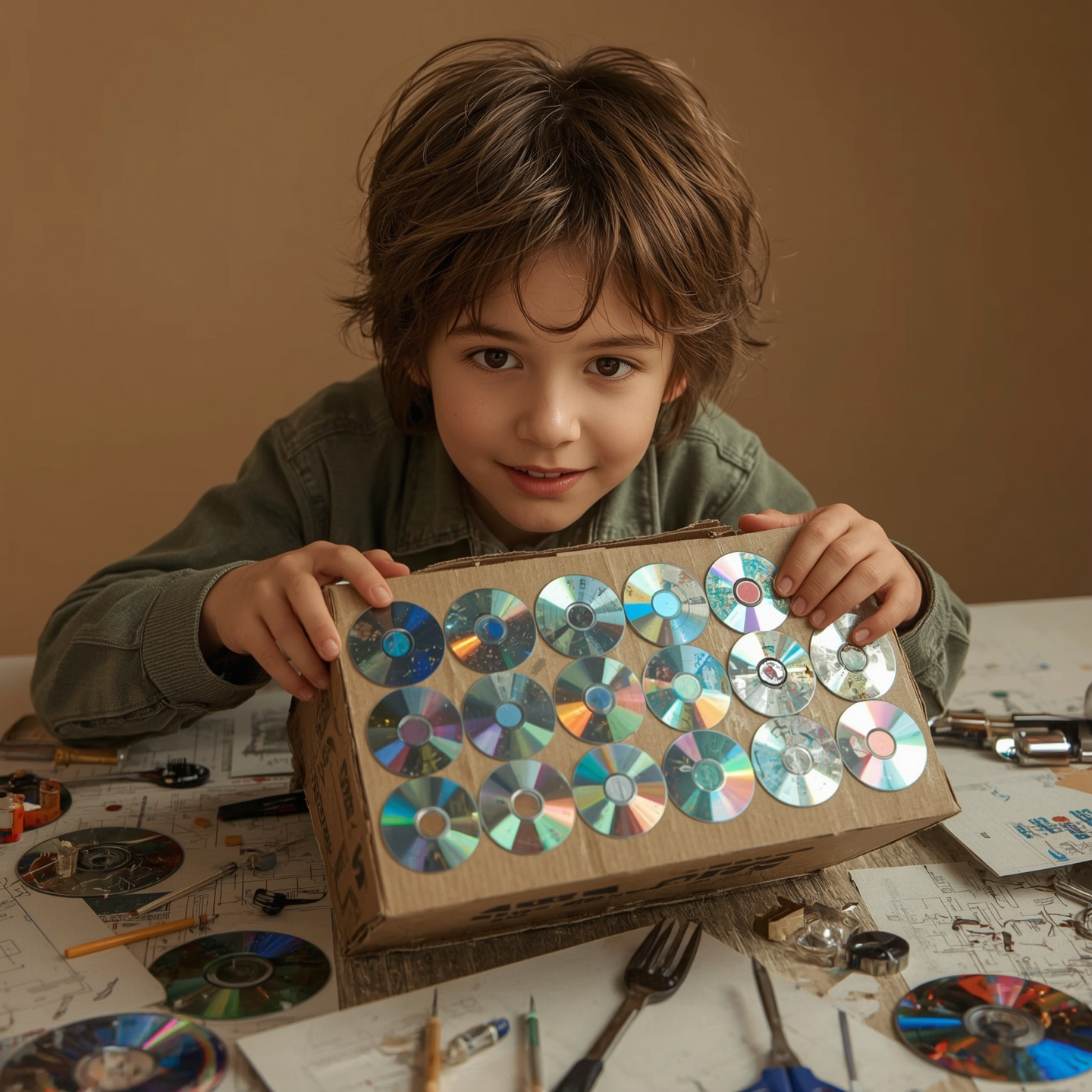 A captivating high-fashion photograph, rendered in a vibrant Pixar style, depicts a boy with bright, curious eyes meticulousl