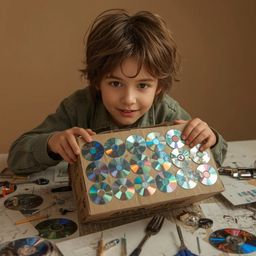 A captivating high-fashion photograph, rendered in a vibrant Pixar style, depicts a boy with bright, curious eyes meticulousl