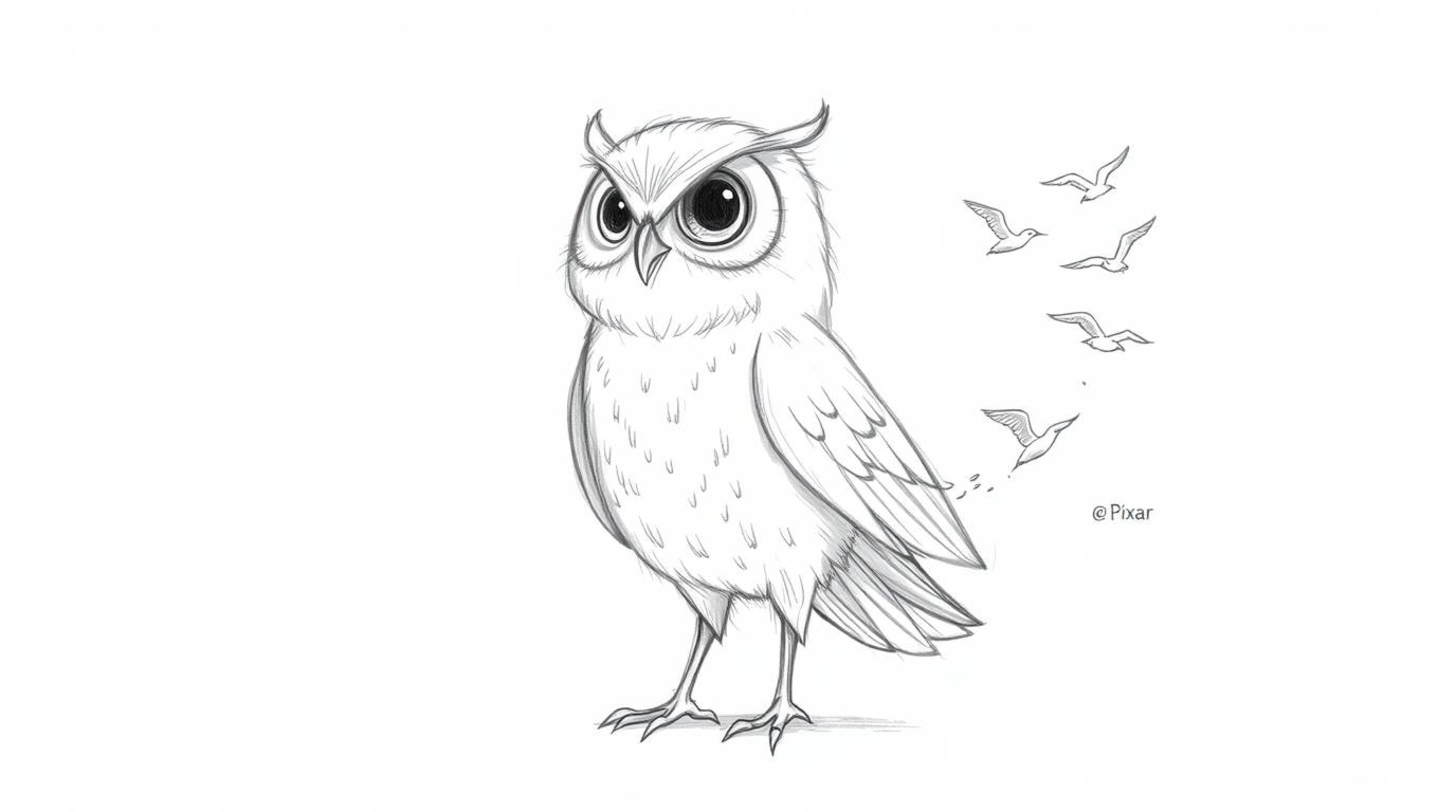A charming hand-drawn sketch in the style of Pixar depicts a blind owl, rendered with soft, textured pencil strokes, passiona