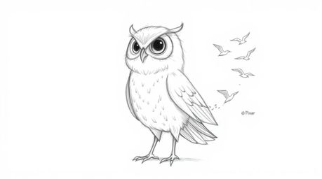 A charming hand-drawn sketch in the style of Pixar depicts a blind owl, rendered with soft, textured pencil strokes, passiona