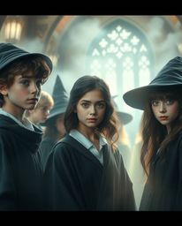Experience the enchanting world of a magical school shrouded in a soft, cinematic haze. Young wizards learn and grow amidst a