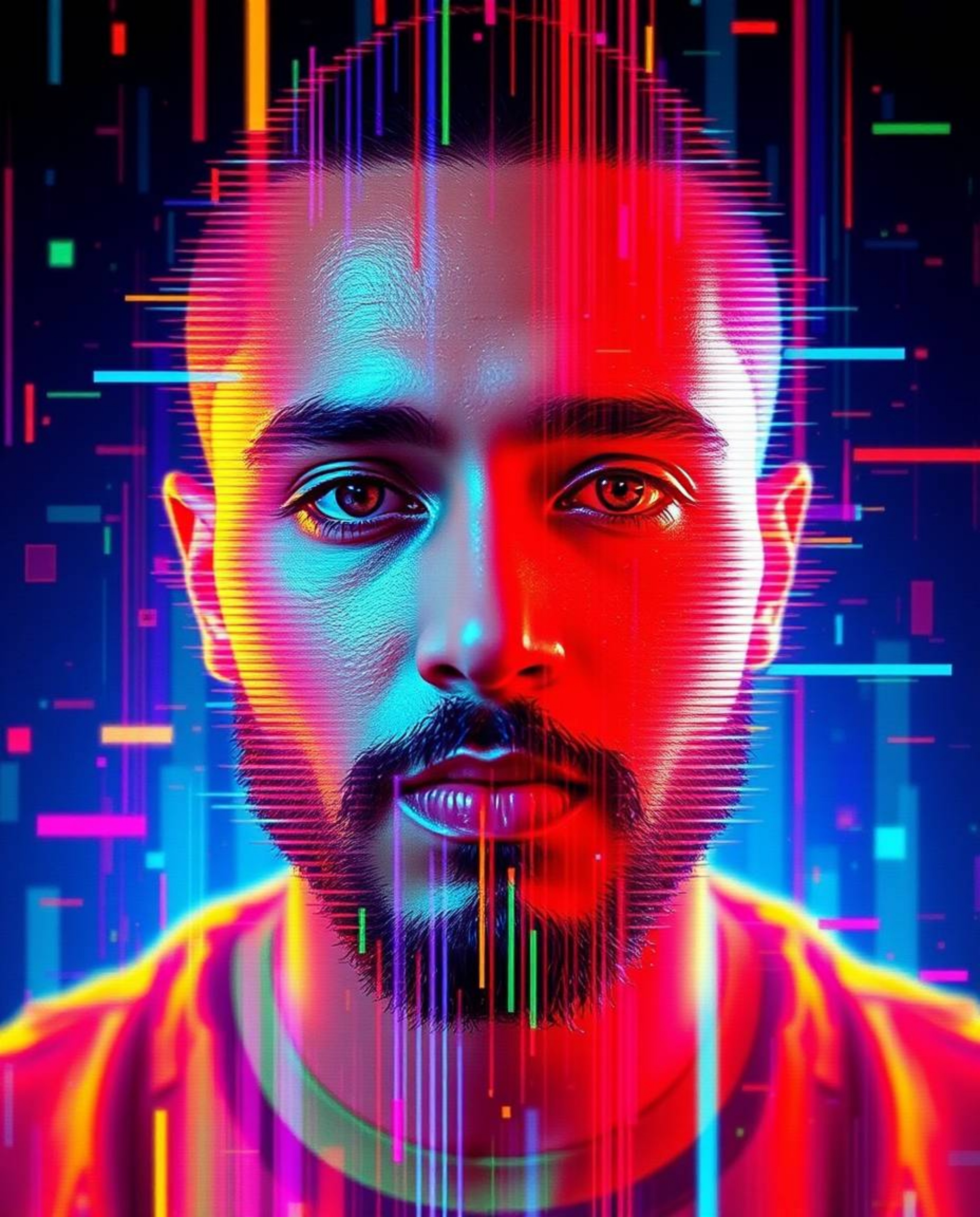 Discover stunning digital glitch art portraits featuring bright, vibrant colors and a corrupted data, pixelated style.  Exper