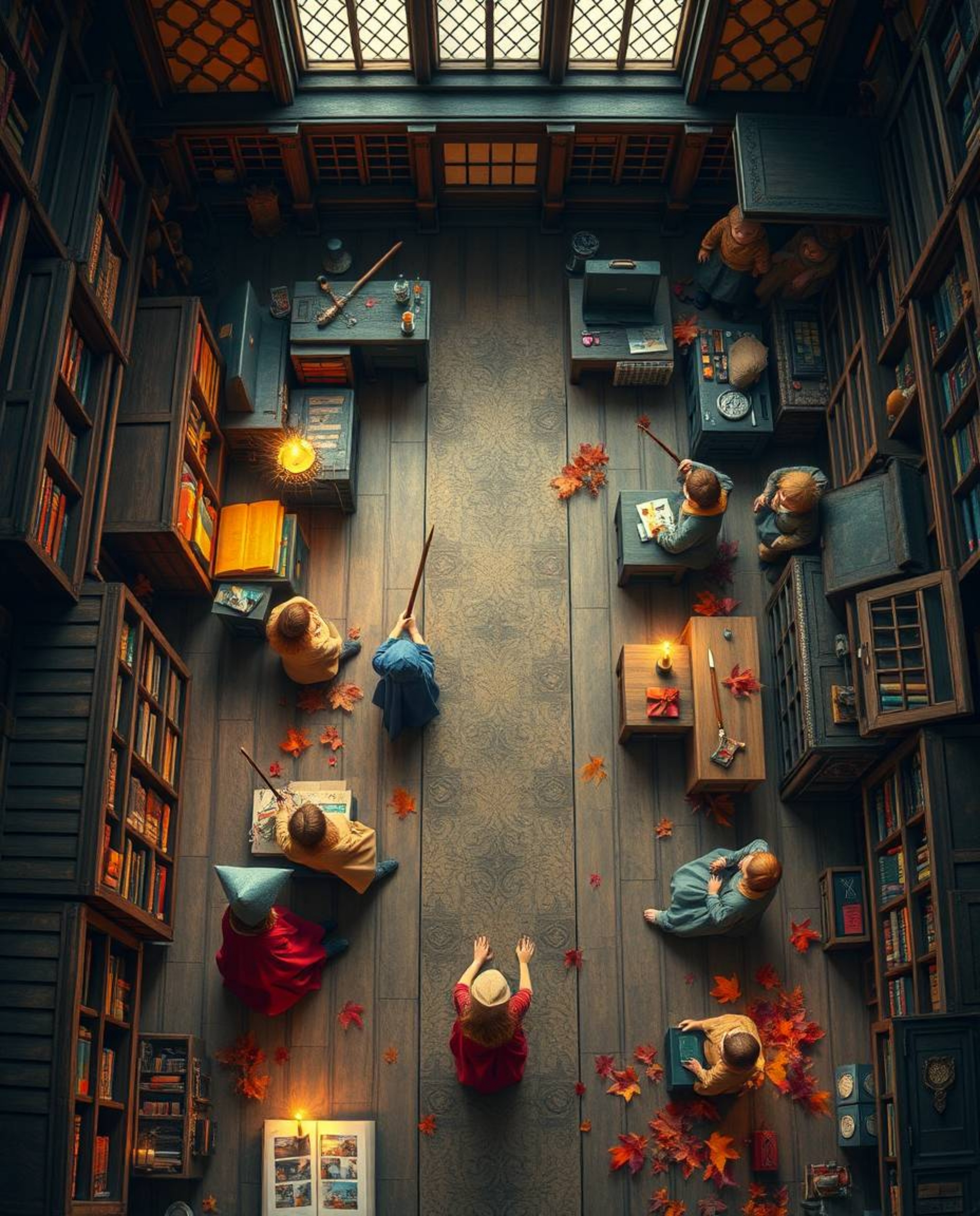 Discover a whimsical overhead view of a magical school brimming with young wizards.  This enchanting scene features warm autu