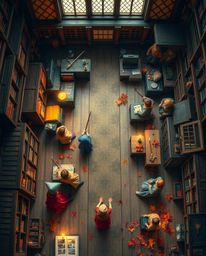 Discover a whimsical overhead view of a magical school brimming with young wizards.  This enchanting scene features warm autu
