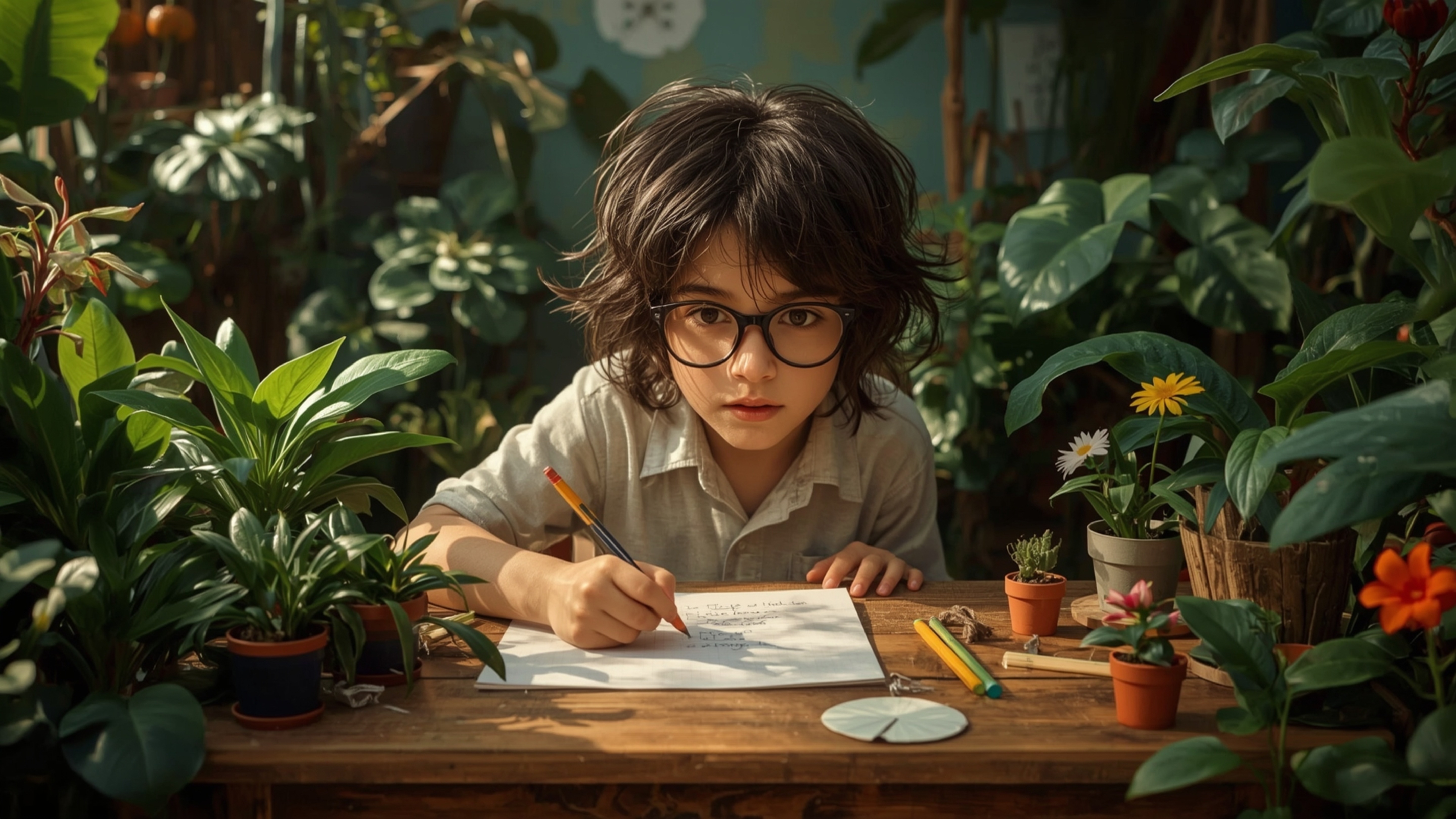 A highly detailed, high-resolution stock photo depicts a bright, messy-haired, and bespectacled young homeschooler, reminisce
