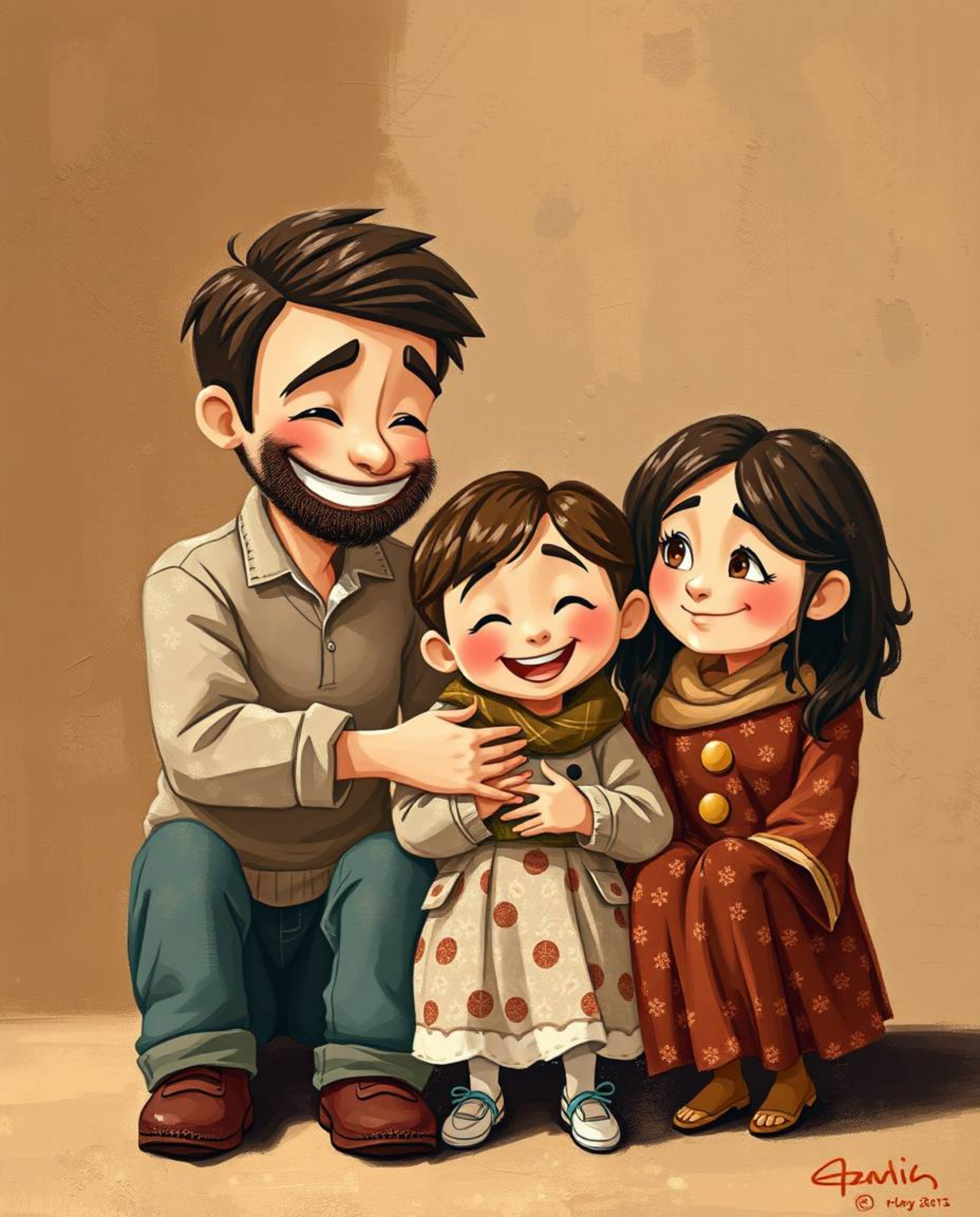 A captivating acrylic painting, rendered in a palette of natural earth tones, portrays a heartwarming Pixar-esque family reun