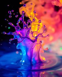 Stunning macro photograph showcasing vibrant ink splashes in water.  The image features iridescent colors, volumetric lightin