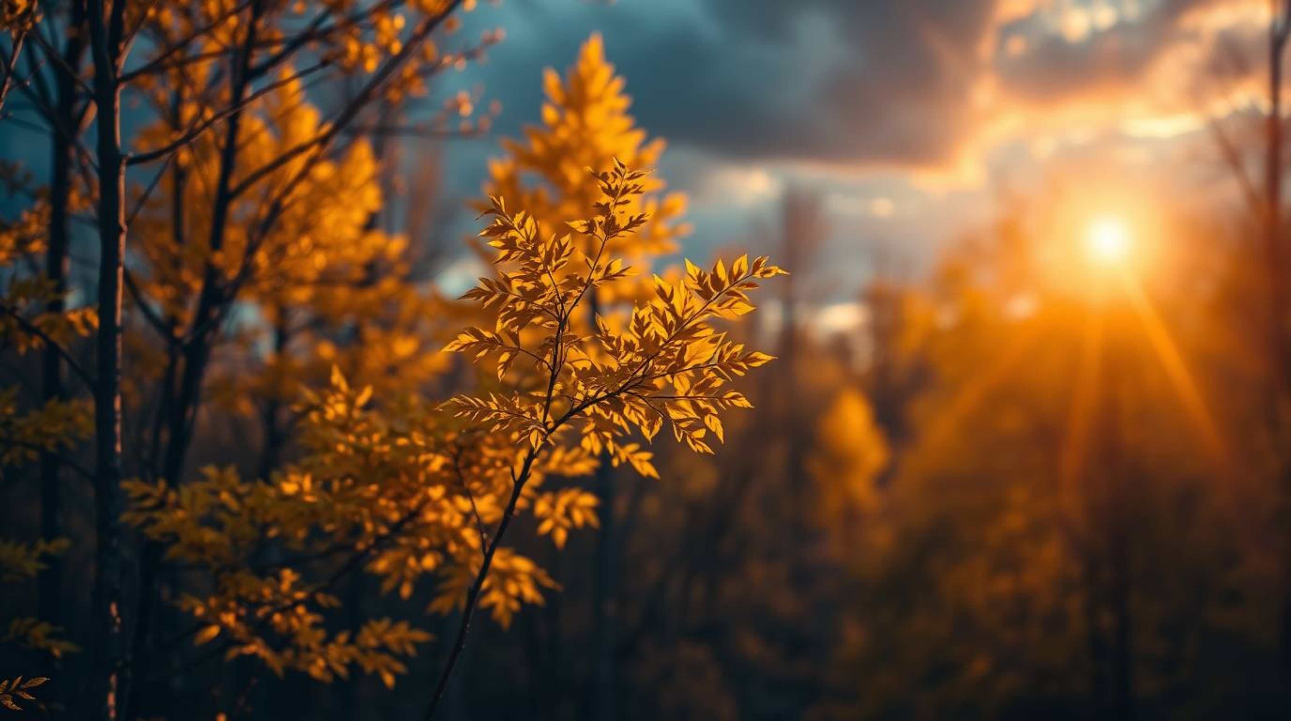 A captivating photograph showcases a vibrant autumn forest bathed in the golden light of sunset.  The sharp focus on the subj