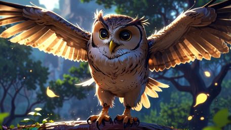 In a beautifully serene and uplifting scene, rendered in a captivating blend of Pixar and anime styles, a wise blind owl prep