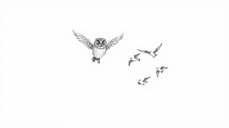 A hand-drawn Pixar-style sketch featuring rough, textured pencil strokes depicts a blind owl calmly observing young birds in 