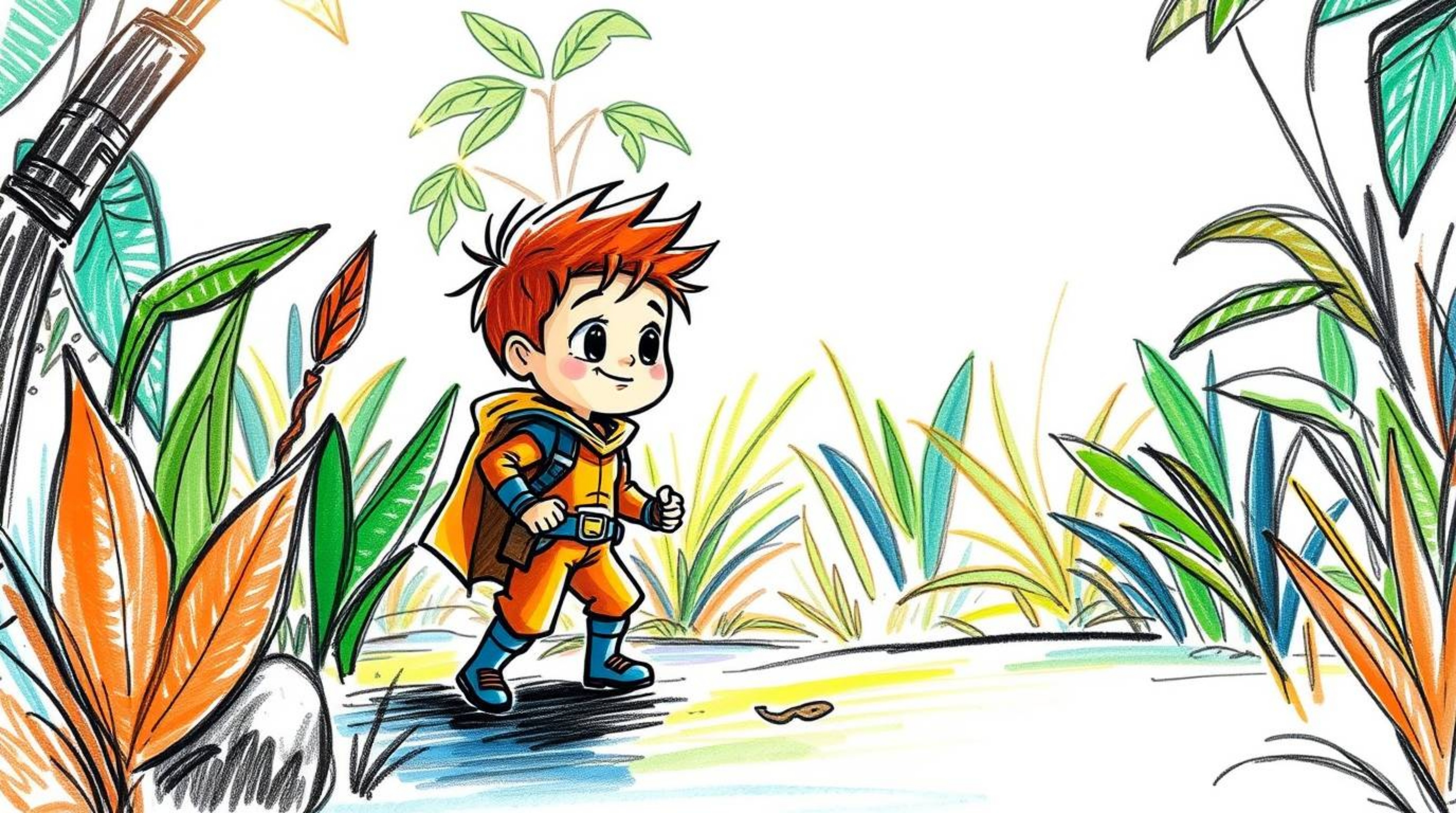 Discover a captivating hand-drawn sketch of a miniature hero embarking on an adventure through a lush backyard jungle.  Rende