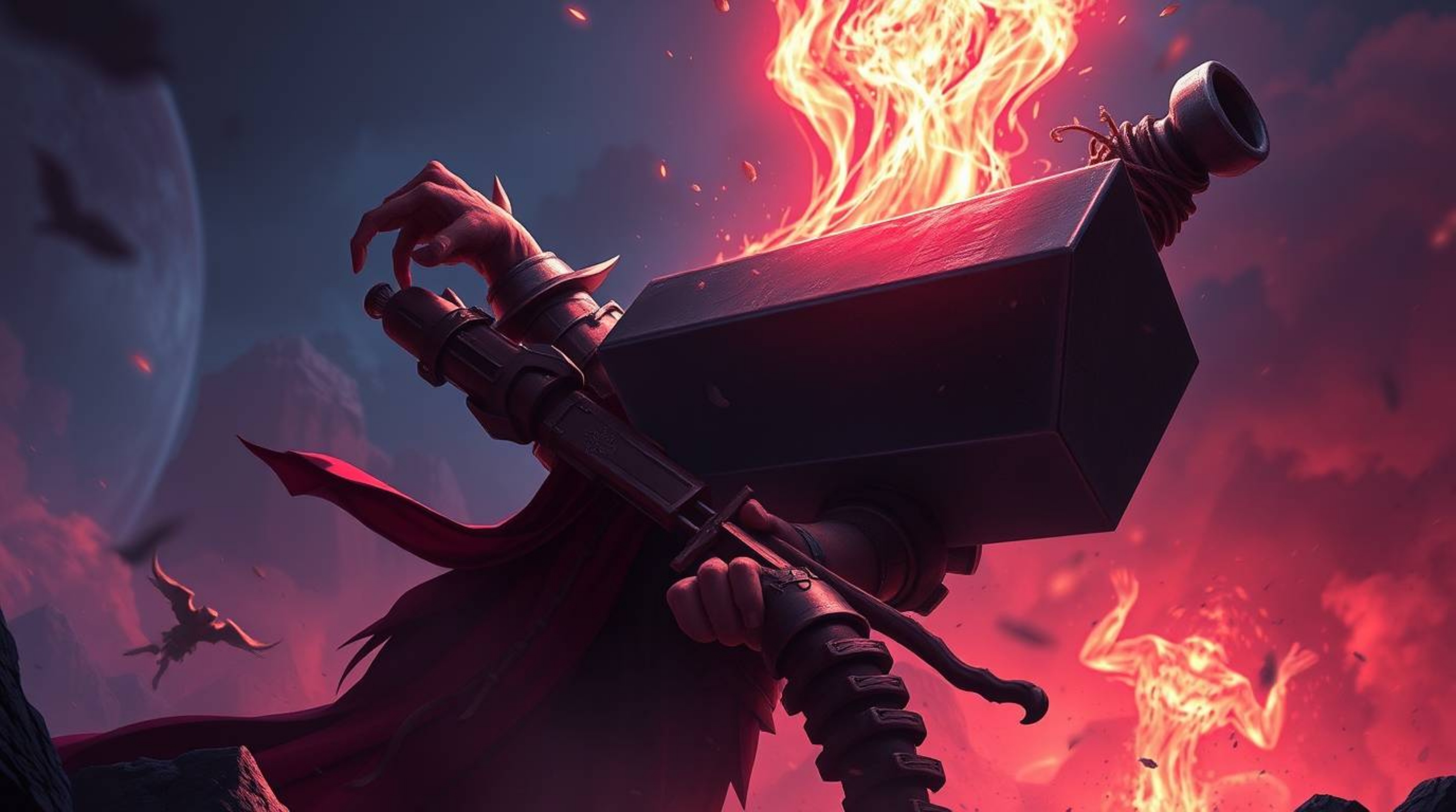 A grand, epic scene in a modern futuristic style features a trickster character facing impending doom as an anvil is about to