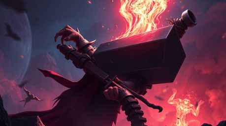 A grand, epic scene in a modern futuristic style features a trickster character facing impending doom as an anvil is about to
