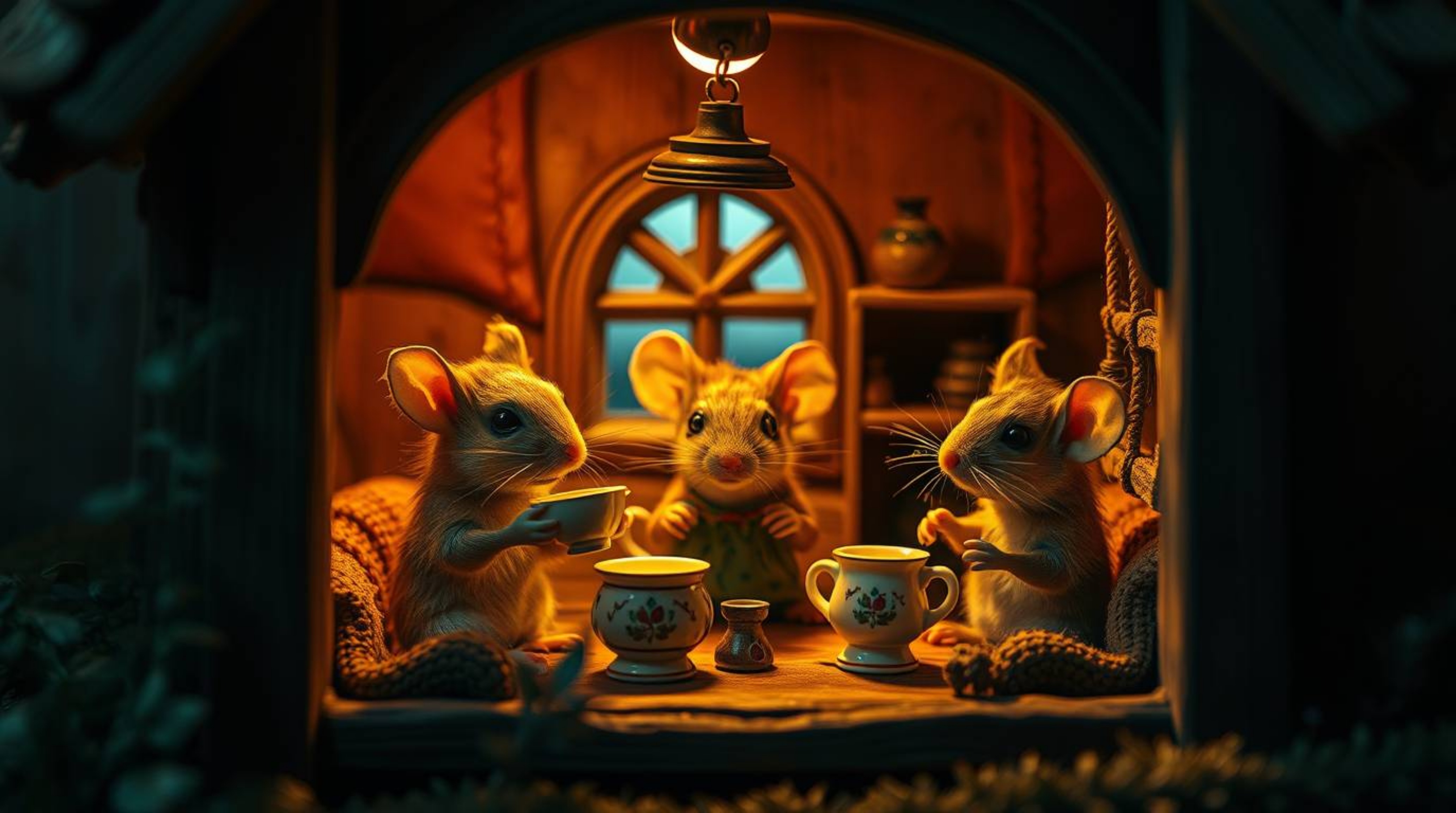 A captivating extreme macro photograph showcases anthropomorphic mice enjoying tea inside a cozy cottage.  The image utilizes
