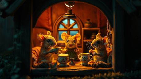 A captivating extreme macro photograph showcases anthropomorphic mice enjoying tea inside a cozy cottage.  The image utilizes