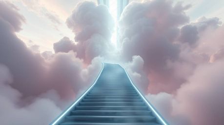Embark on a breathtaking journey to the unknown with a winding stairway crafted from ethereal smoke and radiant light, ascend