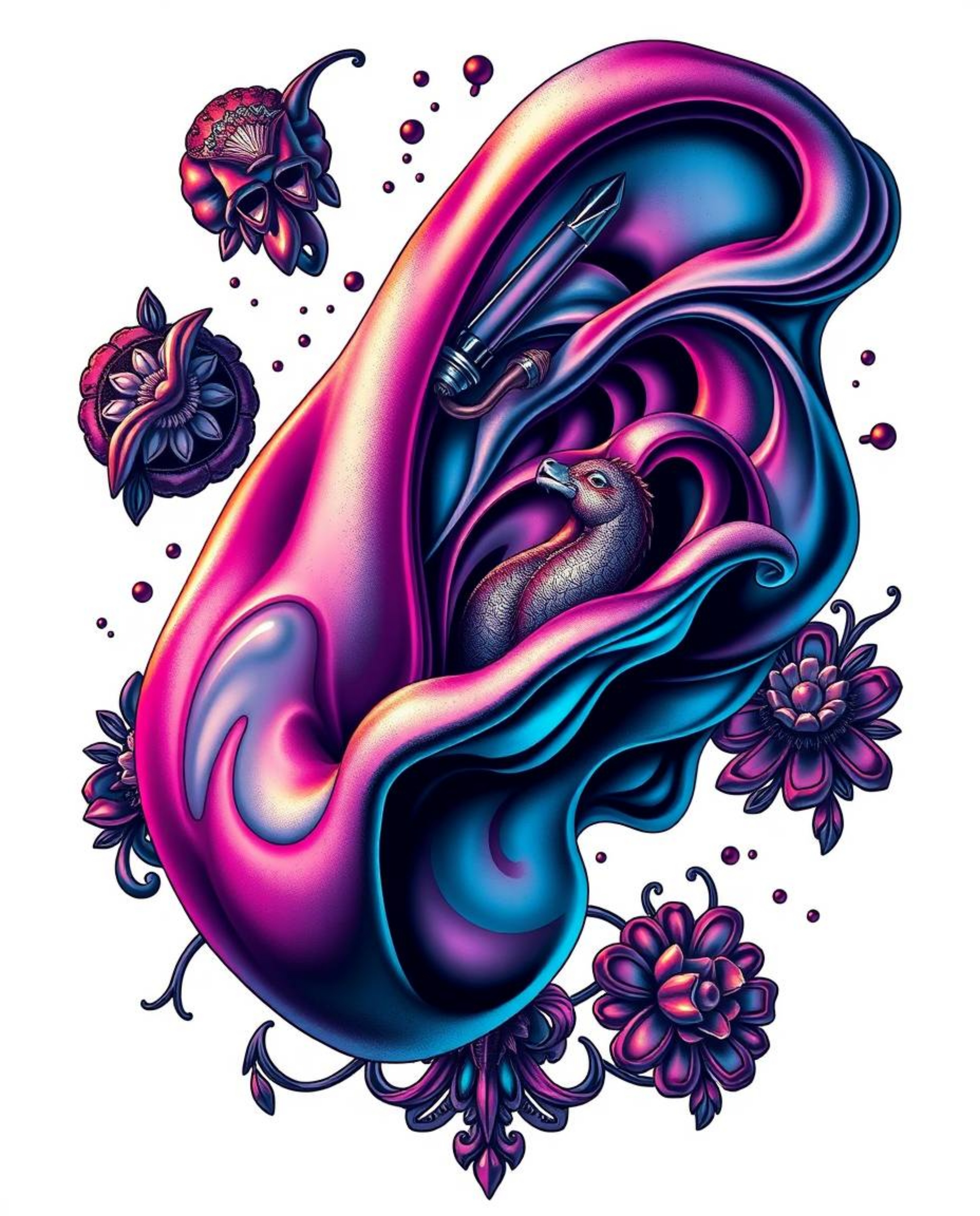 This striking art print showcases a dramatic, cinematic style tattoo design. Featuring smooth, 3D fluid shapes with metallic 