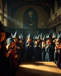 Immerse yourself in a dramatic cinematic portrayal of a magical school teeming with young wizards. This professional photogra