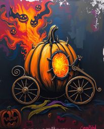 This bold acrylic painting depicts a magical pumpkin undergoing a chilling transformation into a carriage.  Vibrant, textured