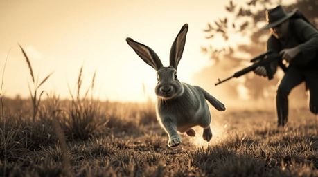 A whimsical scene unfolds with a wacky rabbit, sporting a mischievous expression and elongated ears, cleverly outmaneuvering 